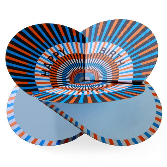'folding card optical happy birthday' orange/blue/white